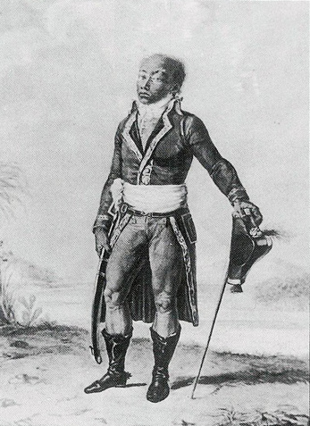 Toussaint Louverture lors de son débarquement à Brest en 1802, gravure de Pierre-Charles Baquoy, 1802